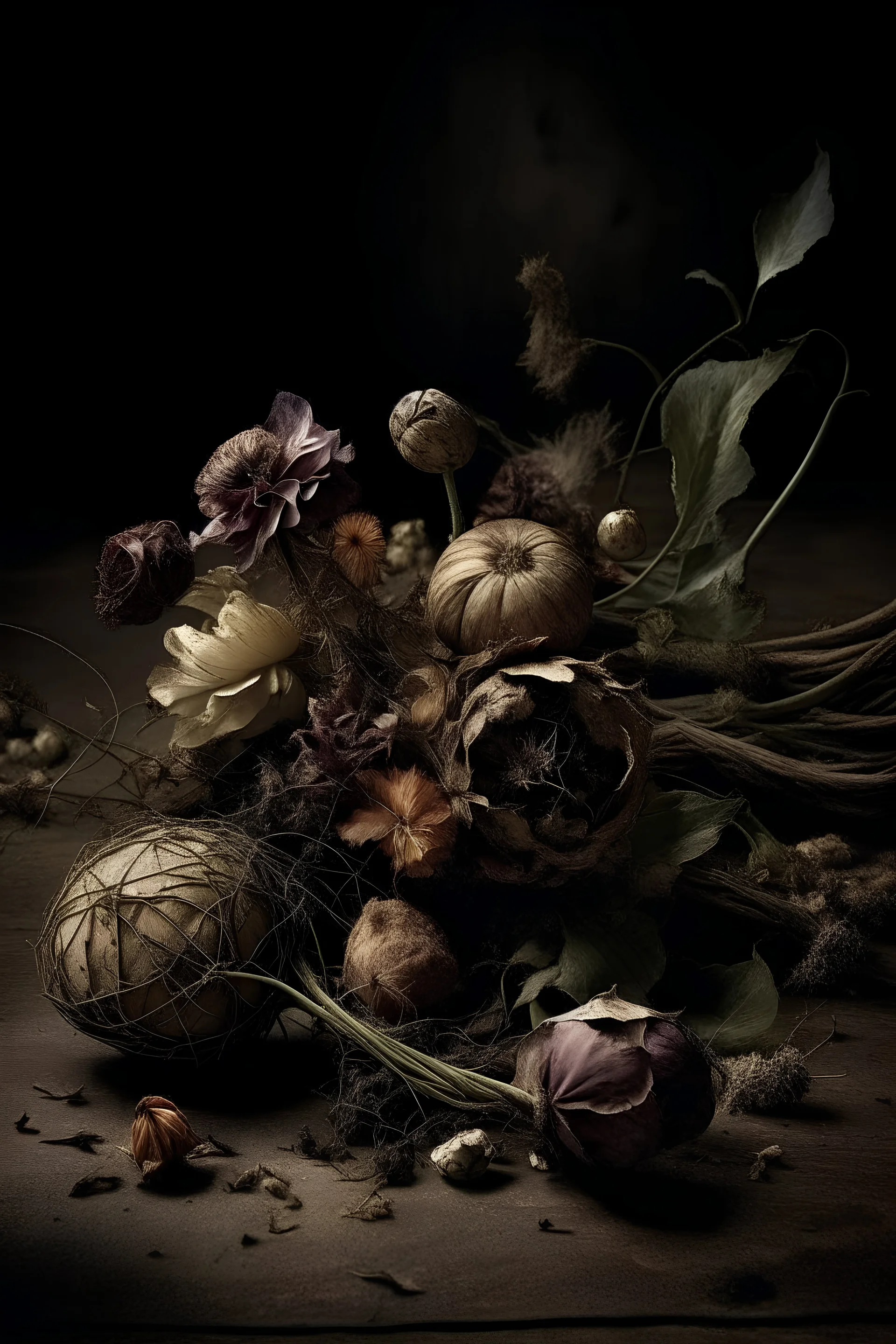 (((photographic, photo, photogenic))), extremely high quality high detail RAW color photo, unnerving eerie, bouquet, dried desiccated flowers, crushed crumbling textures, shattered, dehydrated, aged look, muted colors, shadow play, delicate fragility, close-up, vanitas elements, still life