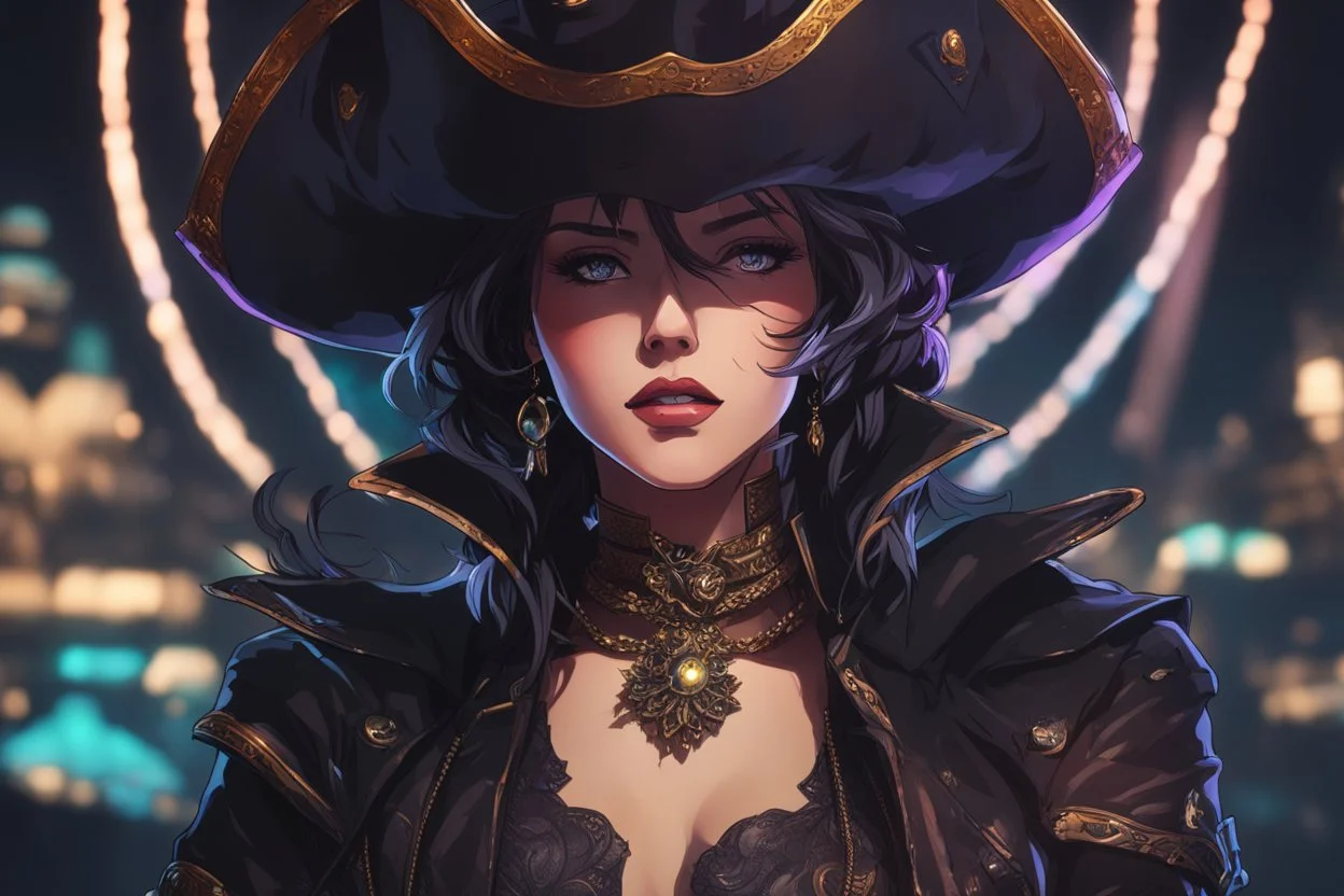 Hot Evelyn venom in 8k solo leveling shadow artstyle, pirate them, close picture, sea, neon lights, intricate details, highly detailed, high details, detailed portrait, masterpiece,ultra detailed, ultra quality