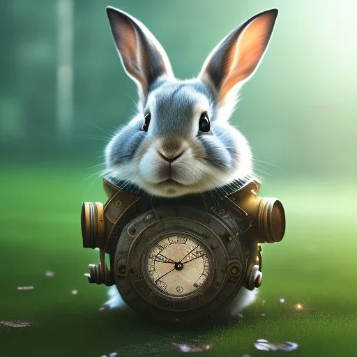 steampunk rabbit, extremely detailed, UHD, 8k,The close-up camera effect,sharp focus,perfect, background forest,position,hyperphotorealistic