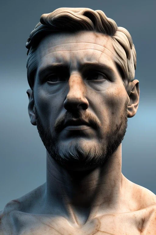 Ultra Realistic image, classical renaissance sculpture, marble material, Lionel Messi, emperor style, chisel style, waist up portrait, epic, celestial, cinematic lighting, God light, god rays, 4k resolution, smooth details, ornate details, soft lighting, unreal engine 5, sky background.