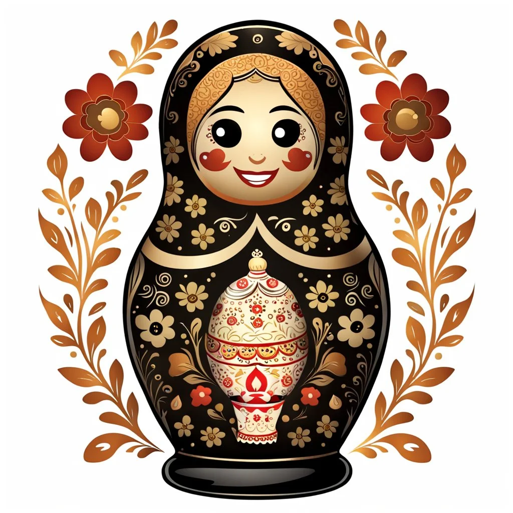 draw matryoshka dolls, the matryoshka is smiling, the kind sweet face of the matryoshka doll, behind the matryoshka Russian patterns in the style of Khokhloma, Khokhloma with gold and black flowers