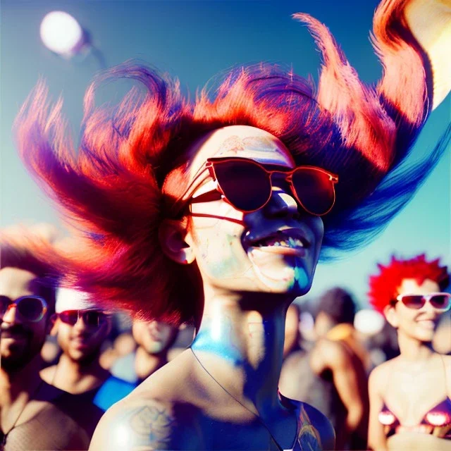 Ultra Realistic photo, medium shot view, drunken dancer bikini woman, carnival scene, monster hair, steampunk. Red hair, confeti, Sunglasses, smile, happy, festival, ovnis, gradient color fog. highly detailed, concept art, unreal engine 5, ray tracing, RTX, lumen lighting, ultra detail, volumetric lighting, 3d, finely drawn, high definition, high resolution.