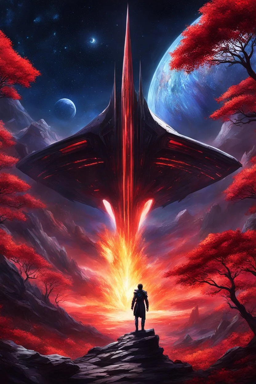 [spaceship, art of Casca from Berserk] The Stellaris nears the blue planet,Its red forests beckon with allure.The starship descends, flames ablaze,Through the celestial descent it endures.Stepping onto the crimson soil,The crew is awestruck by the vista.Towering trees, aglow with inner light,Creatures dart amidst the surreal landscape.