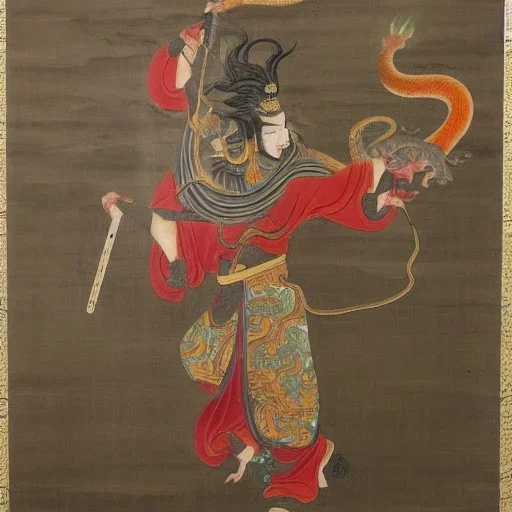 chinese god with thunder bolt in hand riding a dragon painting