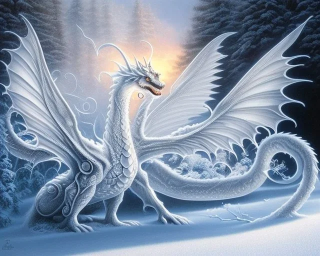 mdjrny-v4 style, a white dragon with fairy-like transparent glowing and shining wings standing in snow, full body, silver lightning, glowing soft and smooth wings, realistic, highly detailed intricately detailed, shiny snowy background, soft studio lighting, trending on artstation, by artist "Julie Bell"