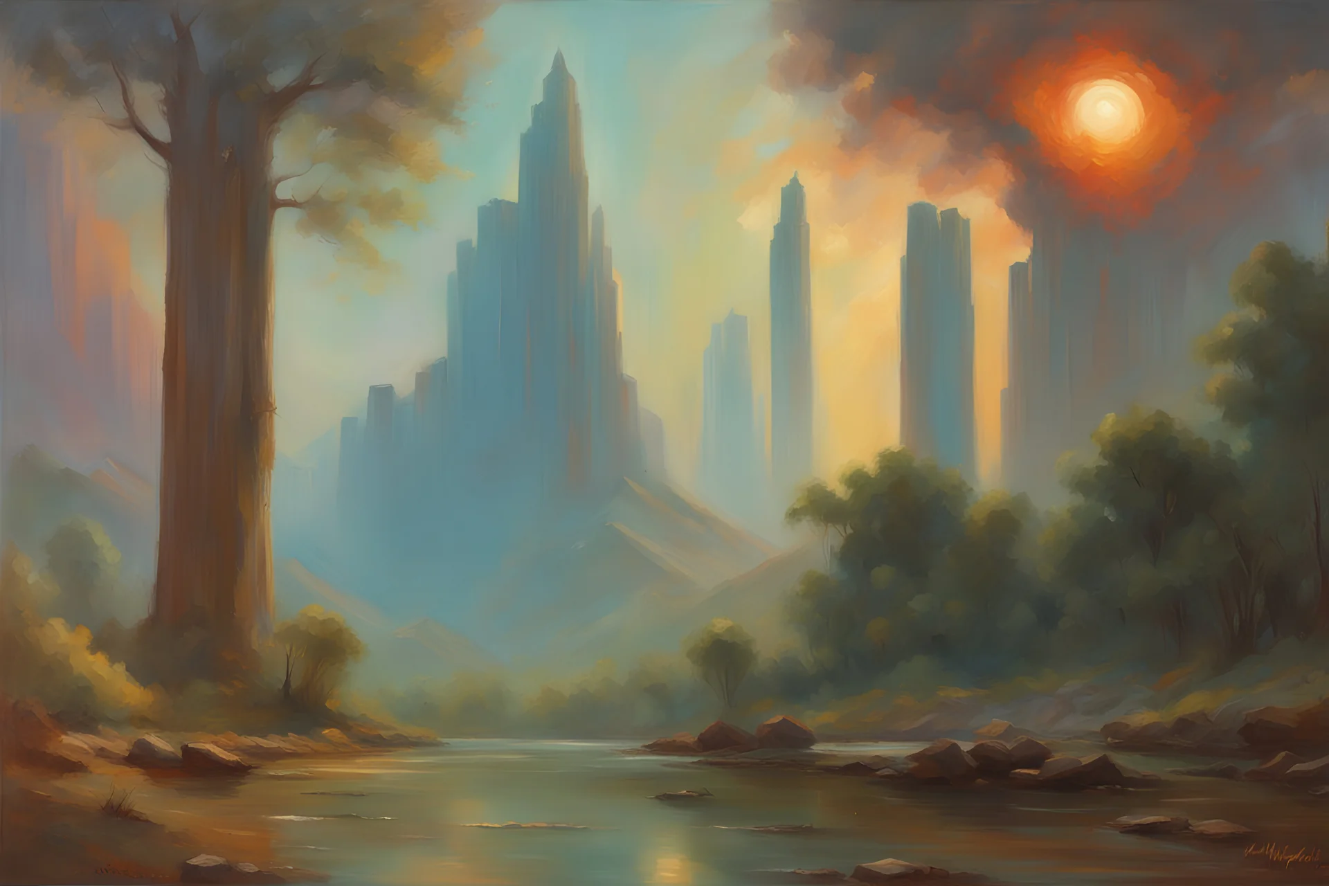 Rocks, mountains, planet in the sky, sci-fi, 90's sci-fi movies influence, wilfrid de glehn, and rodolphe wytsman impressionism paintings