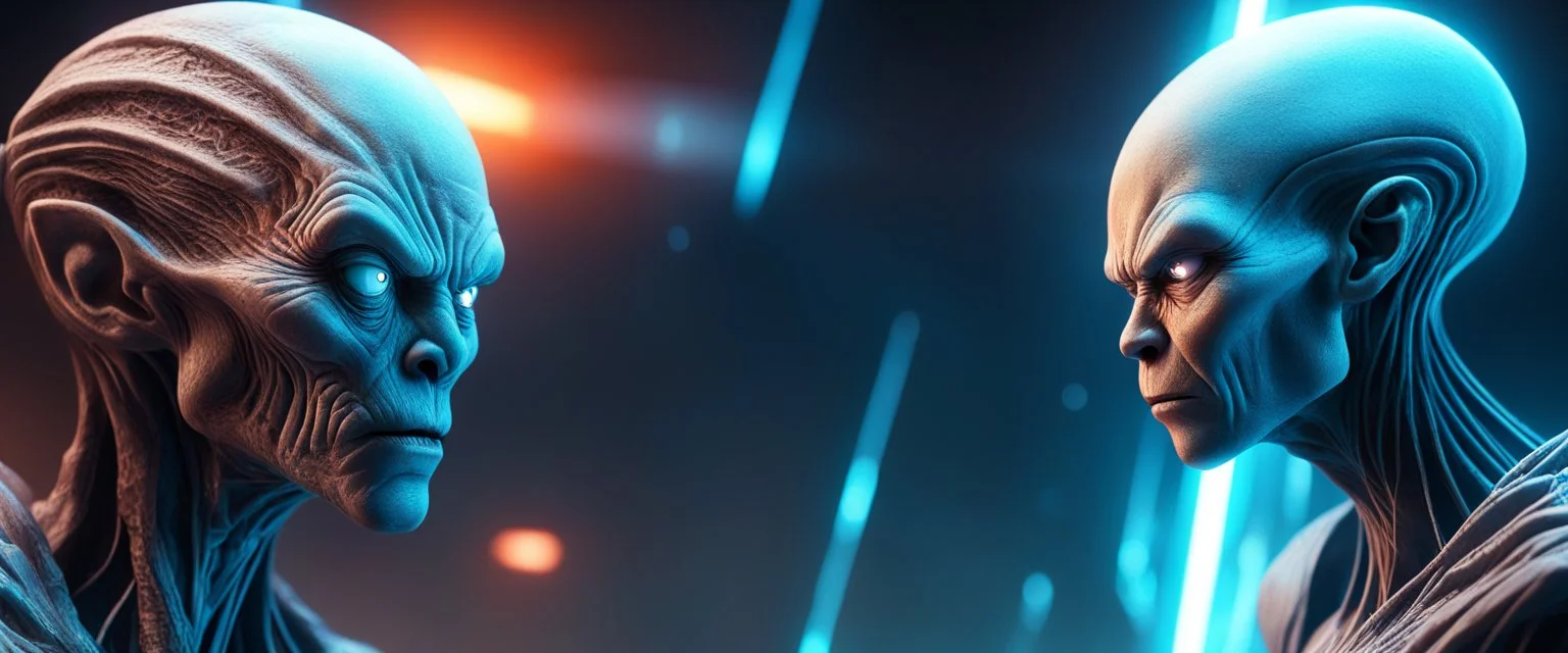Close-up confrontation between an ancient alien outcast leader and a space broker, standing only a meter apart, intense eye contact, glowing crystalline rod between them, anger mixed with sadness, dramatic facial expressions, shallow depth of field, cinematic lighting, stylized 3D anime, airbrush painting, crisp outlines