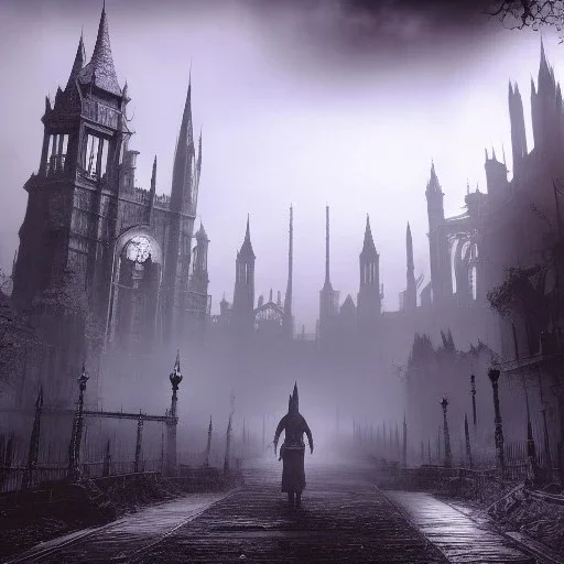 hyper realistic Bloodborne cityscape with instity looming in the fog