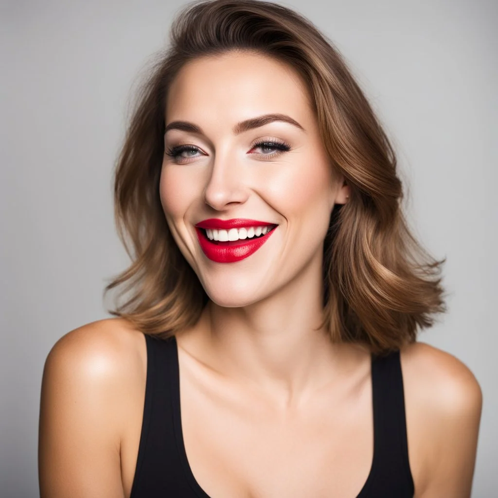 A lovely, buxom, Caucasian woman with bright red lipstick wearing a tight T-shirt laughing joyously