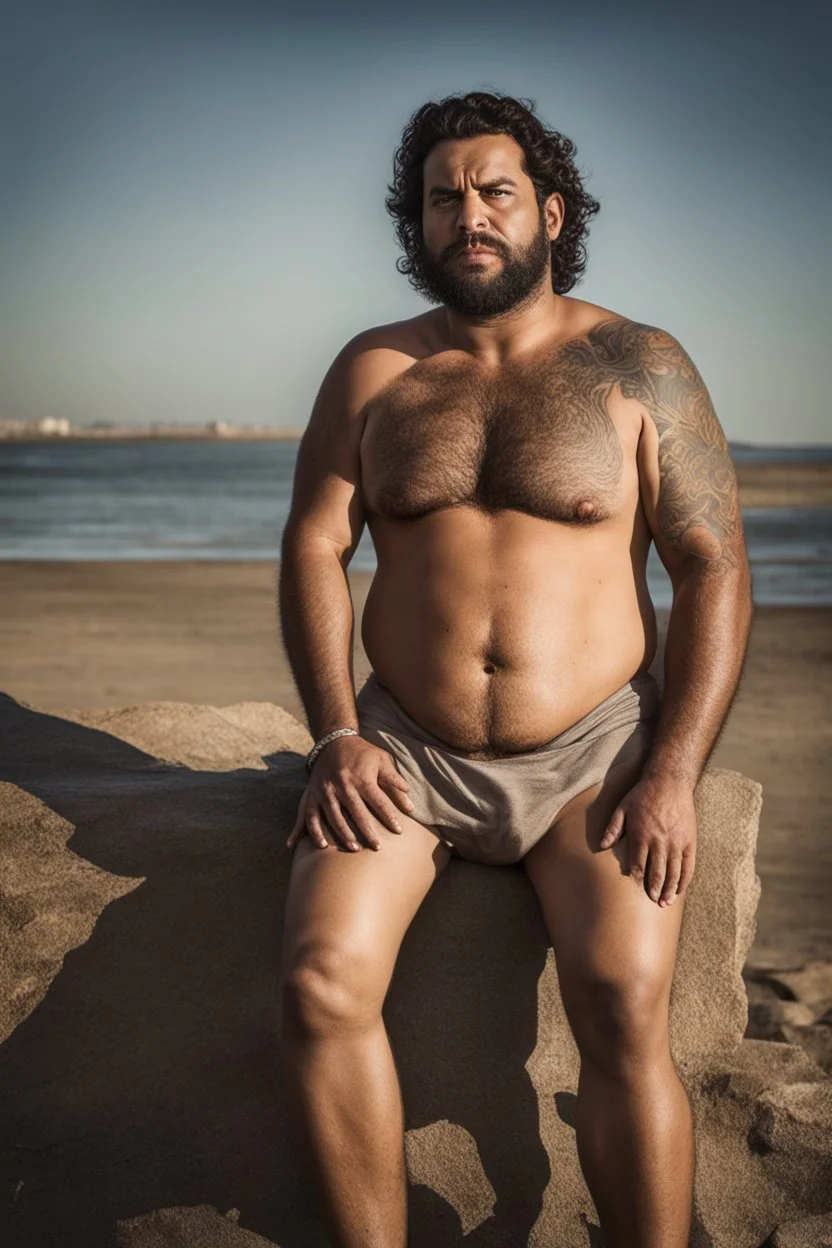 full figure shot photography of a tired chubby burly 38 years old ugly arab carpenter, shirtless, big nose, tattoo, unshaved, short curly hair, manly chest, angry eyes, open legs , at the beach in the sun, big shoulders, big tights, side light, ground view angle