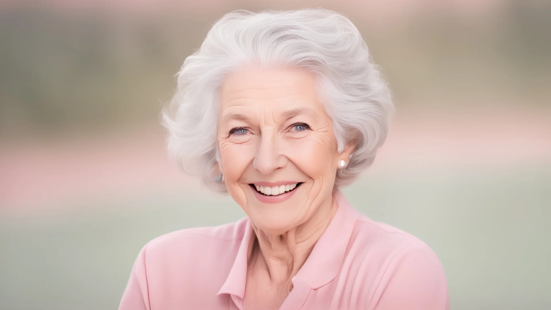 Portrait of happy smiling senior woman with grey hair on pink background