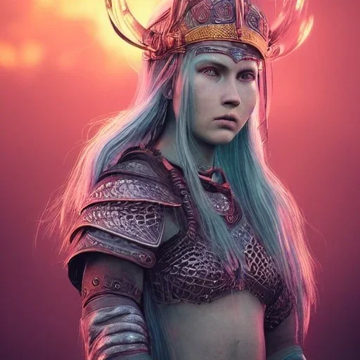 highly detailed girl viking queen portrait, red glass armor, blue delicate braided hair, green facial paint, cinematic lighting, 4k, 8k, octane render, digital concept art, trending on artstation, pinterest, extremely detailed, ambient lighting.