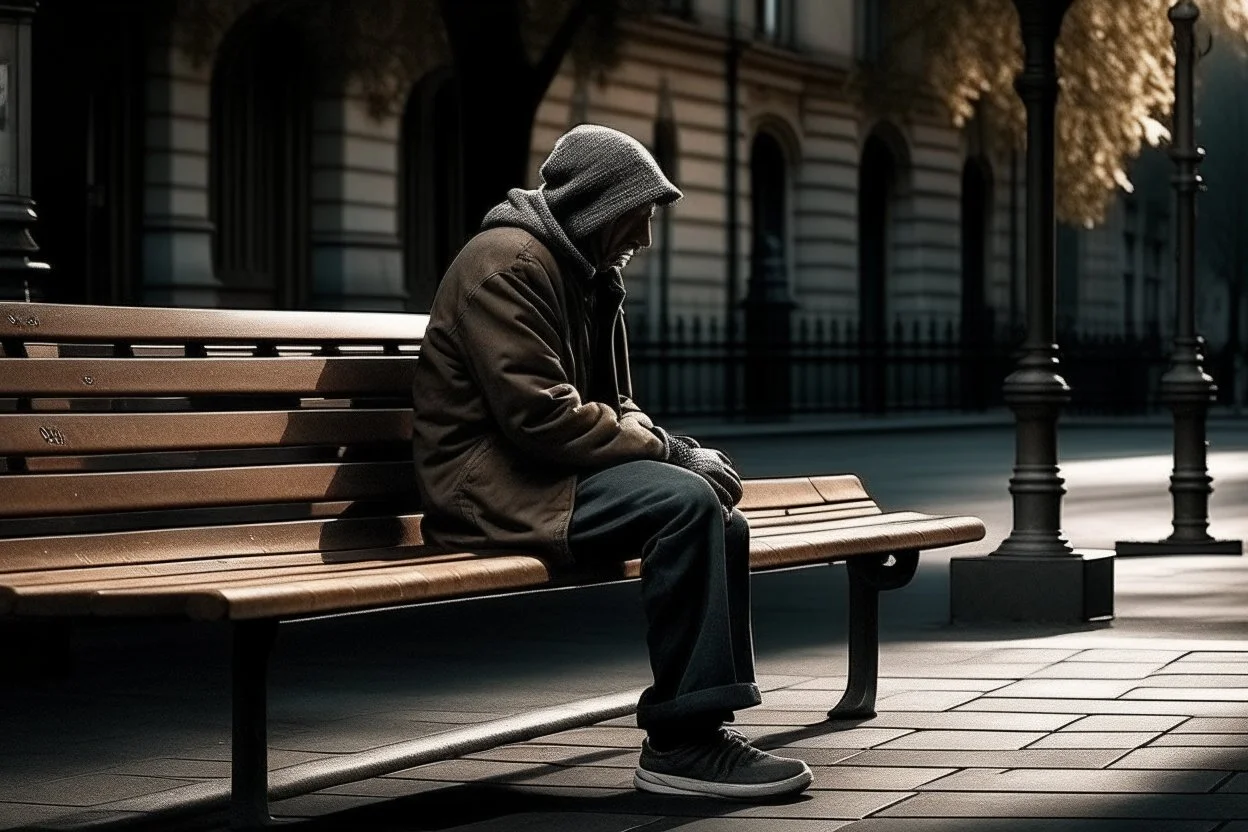 man sitting on a bench in the street, real photography