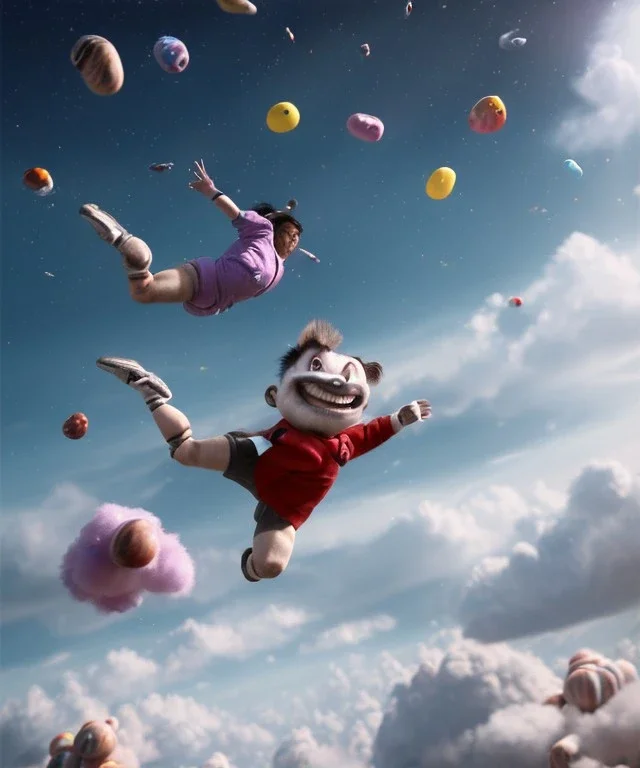 Ultra realistic speed clouds sky scene, wide angle view, strong men falling down with many Childs background, circus clothing style, feather color clothing, free jumping flying, many trinkets, hair monster, many jelly beans, balls, color smoke, smile, happy, extreme, wind, clouds sea, 20,000 feet altitude, stratosphere, soft color, highly detailed, unreal engine 5, ray tracing, RTX, lumen lighting, ultra detail, volumetric lighting, 3d, finely drawn, high definition, high resolution.