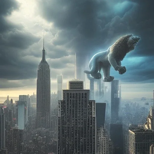 giant lion, destroying downtown New York city, dramatic, dramatic lighting, volumetric lighting, hyperrealism, 8k, high quality, photorealistic, lot of details