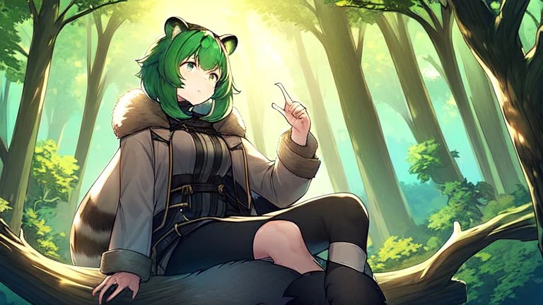 Girl, green hair, raccoon ears, raccoon tail, raccoon face, forest, sit on tree, raccoon paws on hand, paws on foot,coat on neck