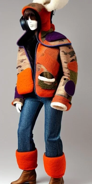 Brunette she. average body type. big head. Mantle is sewed of upcycled Denim and sewed together of camouflage pieces. Pieces' color are orange,terracotta, cream and purple. It is with big bright purple felt tippet and cream-colored-hood. mantle is merged with satchel. . Big AKG-style headphones (gold rings!) is merged with small felt cap with small visor. Style: Haute Couture in 1910's, Paris fashion in 2030, inspired by street art. Cream latex gaiter. Her head and rest body!