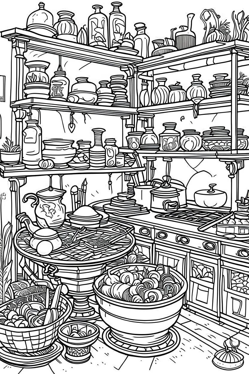 A witch's kitchen with shelves filled with potion ingredients and a bubbling cauldron. Outline, sketch style, only use outline, mandala style, clean line art, white background, no shadows, no clear wall, coloring page.