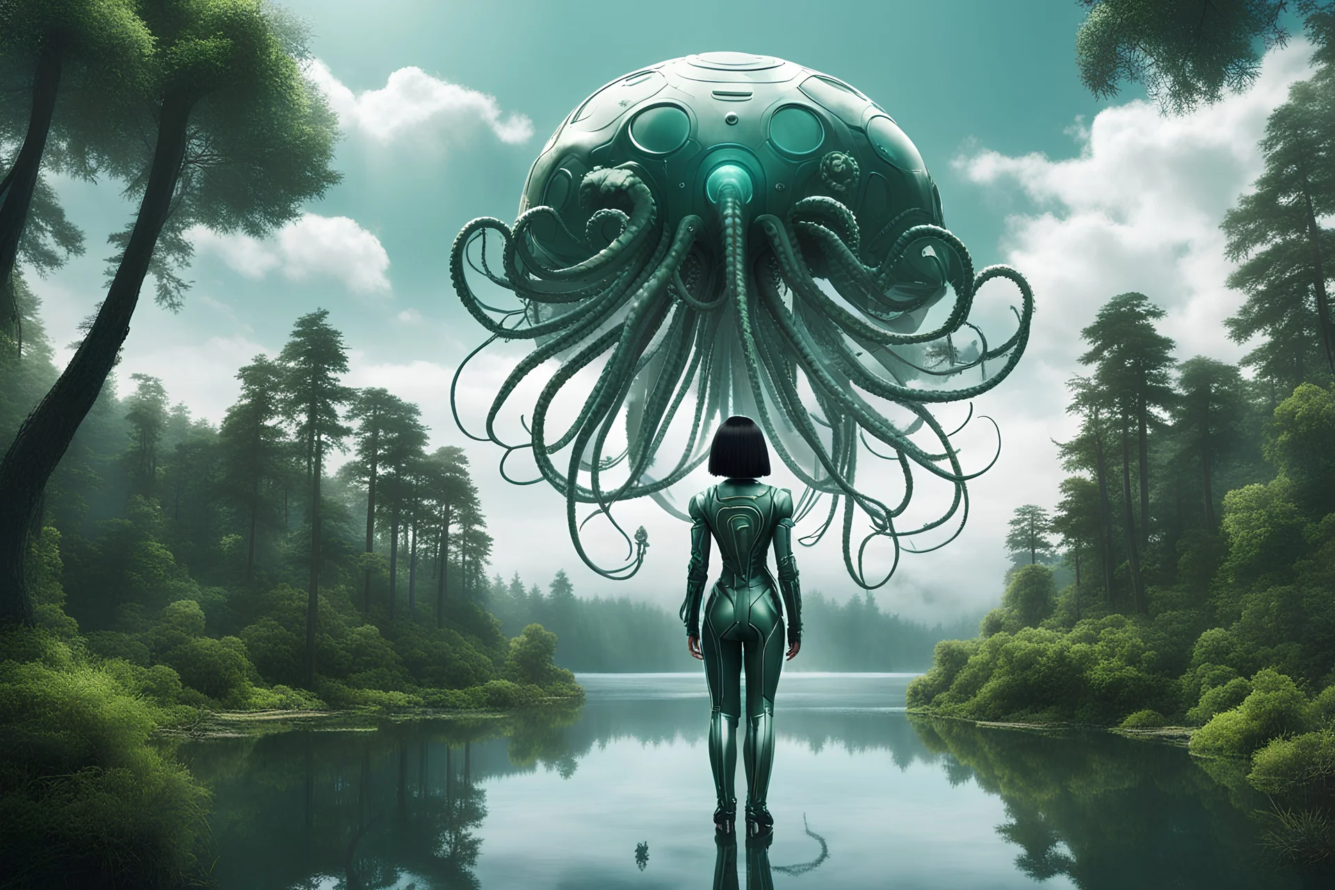 A skinny woman with a black bob hairstyle, in a green and silver robotic suit, standing, looking out over a lake, in an alien forest, with tall narrow cloud trees, with flying dandelion heads with octopus tentacles