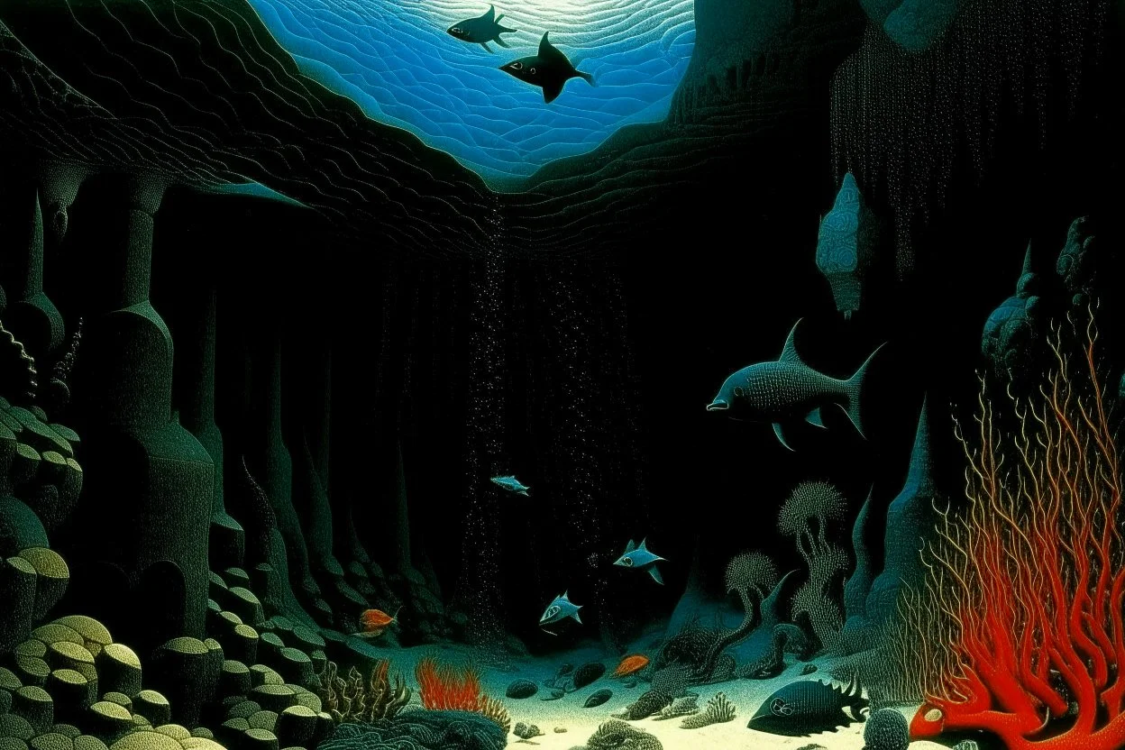 A black underwater abyss with shadow monsters designed in ancient Greek mosaics painted by Max Ernst