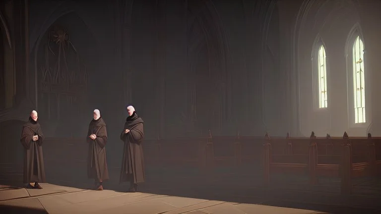 Black robed, hooded monks in the church