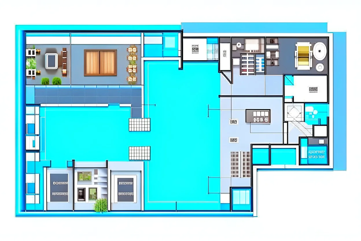 Humanized plan of a modern, single-story residence consisting of 3 bedrooms, 1 suite, a large kitchen, 3 bathrooms, a garage for 2 cars and a modern laundry room.