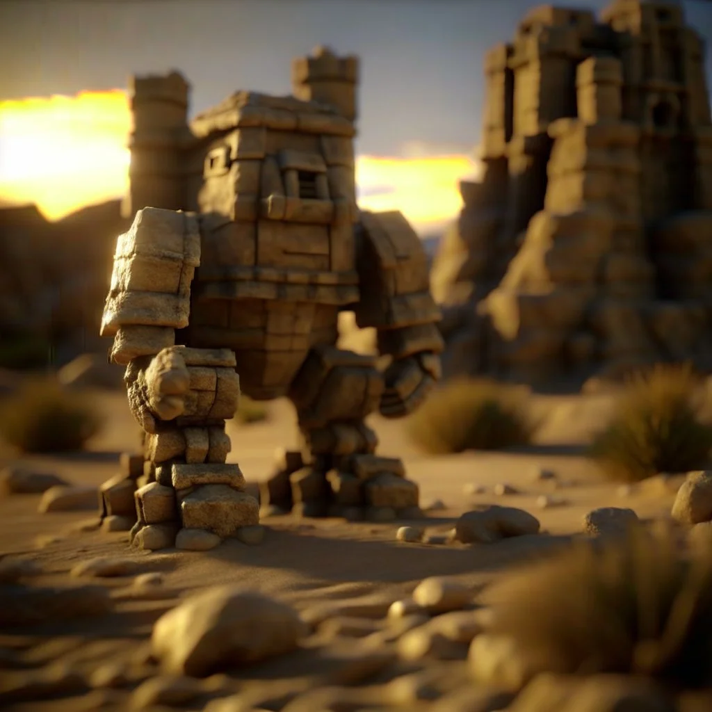 imposing stone golem in the wind in castle in the desert in evening, photo-realistic, shot on Hasselblad h6d-400c, zeiss prime lens, bokeh like f/0.8, tilt-shift lens 8k, high detail, smooth render, down-light, unreal engine, downlight