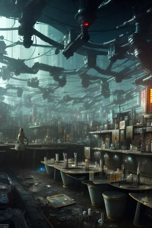 post-apocalyptic robots in a cyberpunk bar, realistic, intriacte detail, sci-fi fantasy style, volumetric lighting, particales,highly detailed, wide shot, cinamatic, Zack Snyder stlye, deep colours,