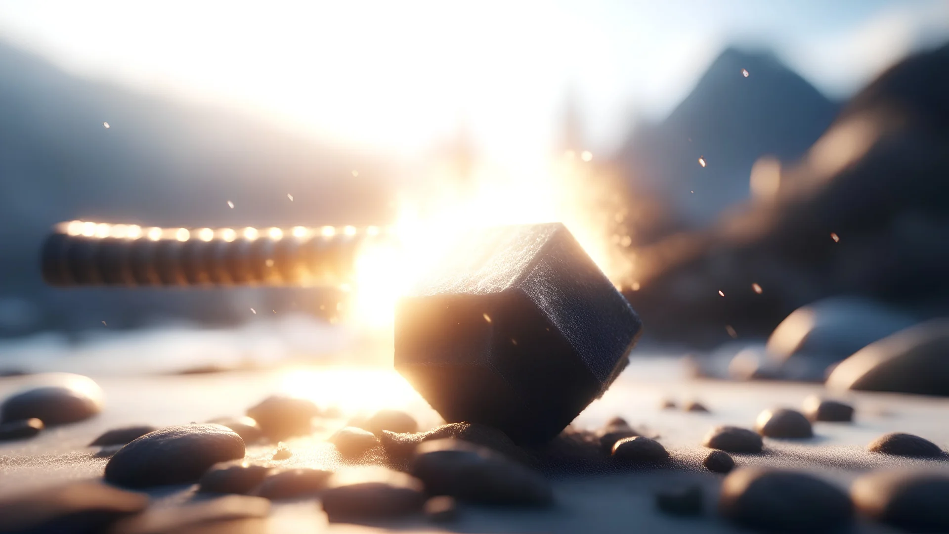 Photoreal magnificent war hammer looking like mjolnir but blazing with radiant light lying in the snow, in the style of fantasy movies, shot on Hasselblad h6d-400c, zeiss prime lens, bokeh like f/0.8, tilt-shift lens 8k, high detail, smooth render, unreal engine 5, cinema 4d, HDR, dust effect, vivid colors