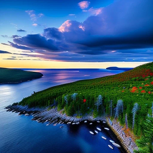 Acadia National Park, Maine,aerial view,cloudy,extremely detailed digital painting, high resolution,8k, realistic, beautiful, volumetric lighting, mystical colors ,perfectly centered image, perfect composition, rim light, beautiful lighting,masterpiece, stunning scene, raytracing, anatomically correct, in the style Van Gogh and robert e howard and Ken Kelley and Ohrai Noriyoshi and Simon Bisley and tomzj1.