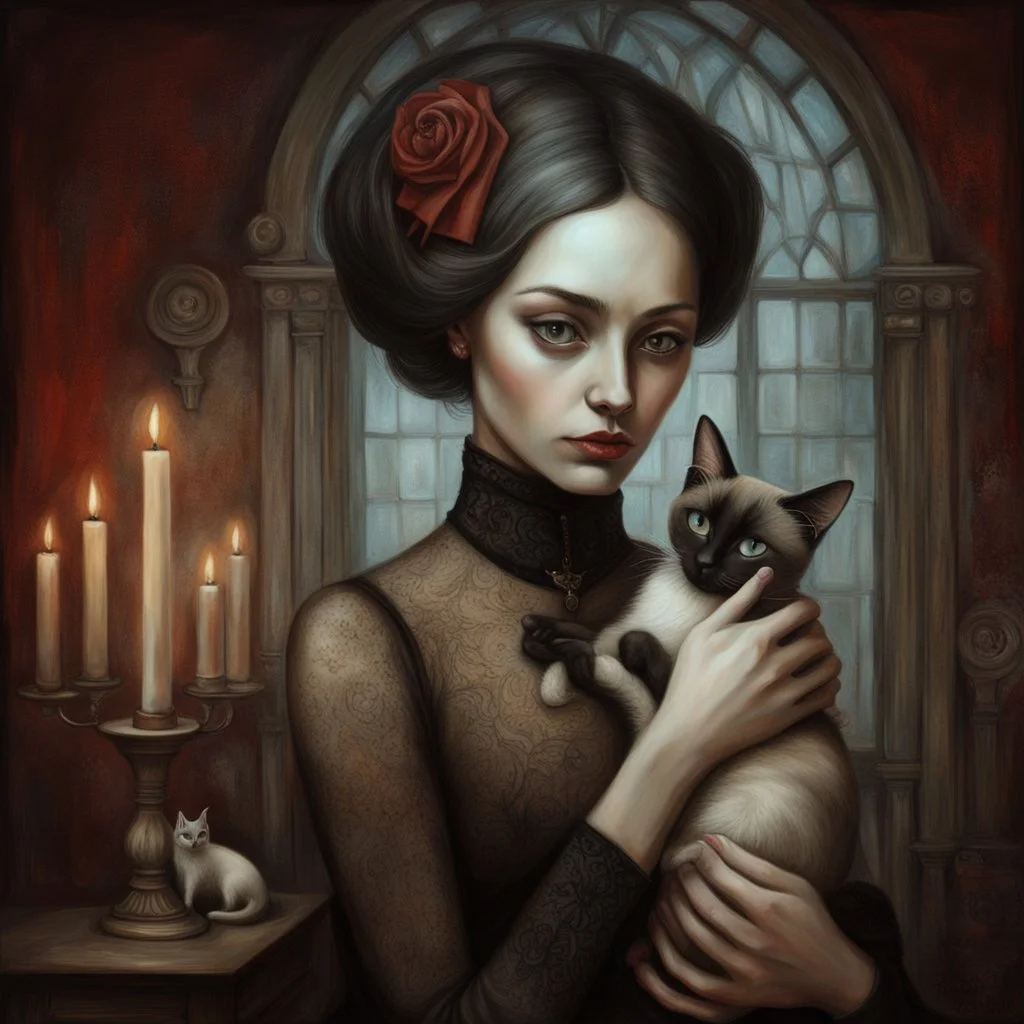 woman with Siamese cat in Gothic, Realism, Romantism, GothicNeo, Surrealism.