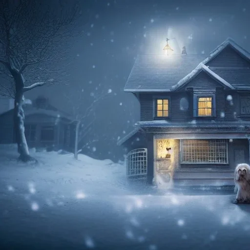 portrait of sad, scared, lonely dog tied with a short leash in front of house, winter, 8k resolution, high-quality, fine-detail, intricate, digital art, detailed matte, volumetric lighting, illustration, 3D octane render, brian froud, howard lyon, selina french, anna dittmann, annie stokes, lisa parker, greg rutowski