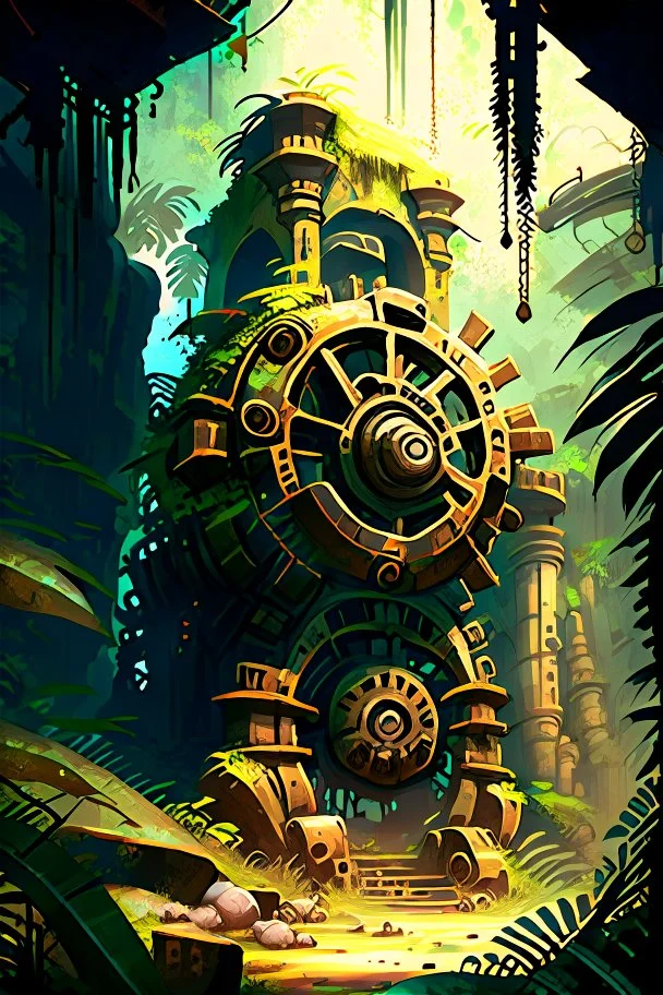 Jungle adventure ruins with huge steampunj gears painterly rpg art