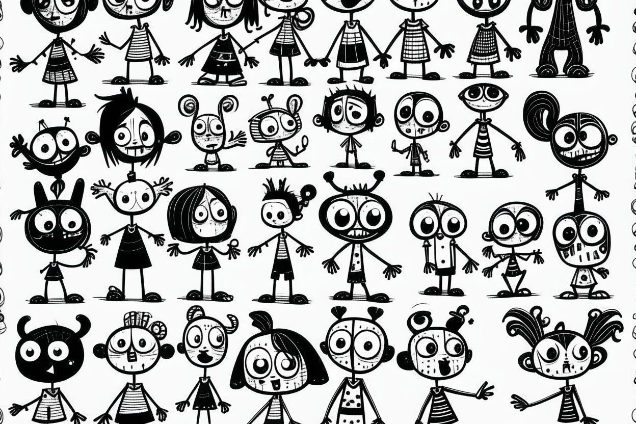 make a bunch of simple hand-drawn spooky and cute cartoon characters with bodies arms, and legs I could draw and make them all different make them looks like the 50s and 60s cartoon art