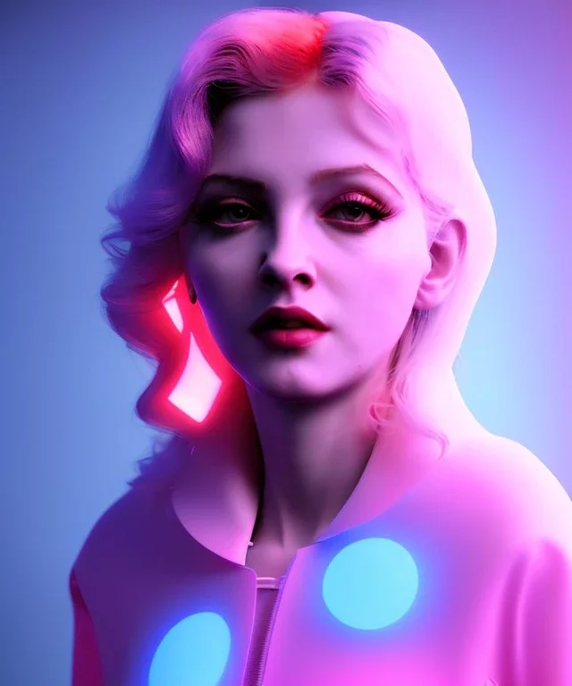 Artist, young madonna, android woman, sweet, blonde, white skin, long eyeliner, contour make-up, color leds lights, short hair, circuits, ghost in the shell, latex coat, feather, cyber punk, neon, bamboo, blood, portrait, studio photo, unreal engine 5, soft color, 16 bit, god lights, ray tracing, RTX, lumen lighting, ultra deatail, volumetric lighting, 3d, finely drawn, hd.