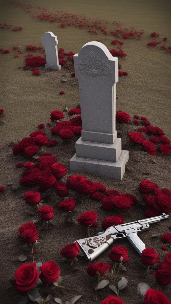 A grave in a field full of roses. Above the grave is a white lace scarf and a gun.cinematic