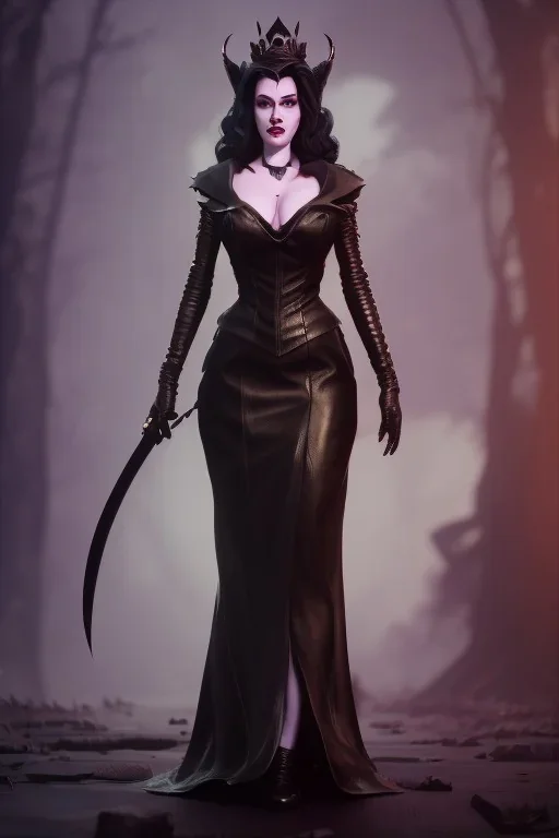 Amy Dumas as evil queen in black leather gown, evil, busty, cleavage, curvy, angry, stern look. character design by cory loftis, fenghua zhong, ryohei hase, ismail inceoglu and ruan jia. unreal engine 5, artistic lighting, highly detailed, photorealistic, fantasy