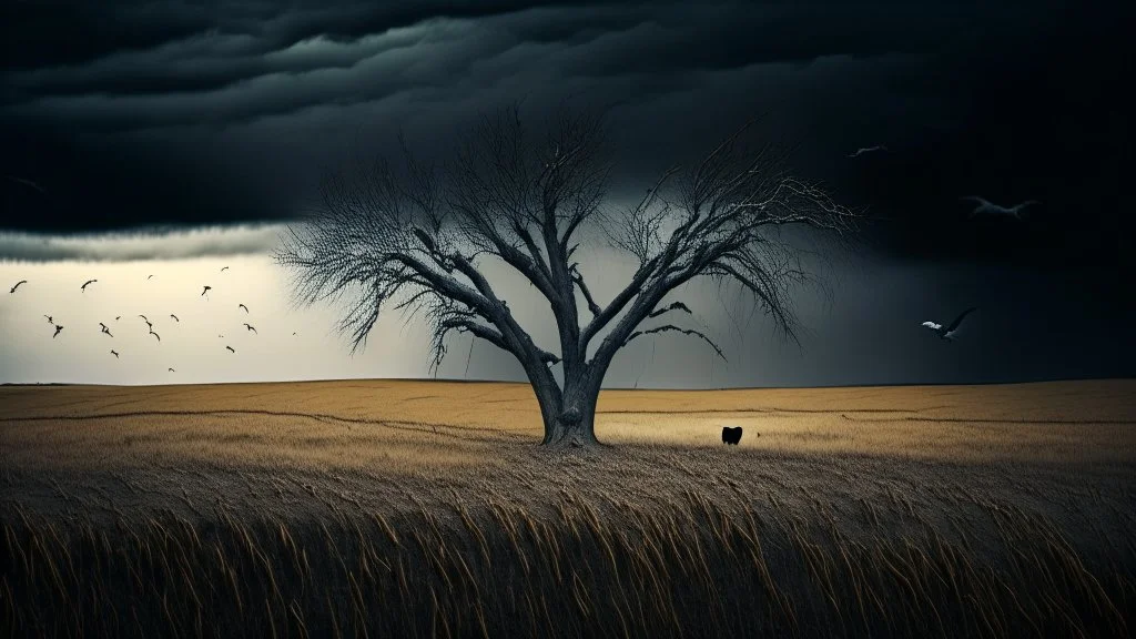 LUMPED HILL CULTIVATED WITH WHEAT WITH A DRY TREE, ON A DARK DAY WITH THREATENING CLOUDS, IN MEDIUM SHOT AND HDR LIGHTING, 4K, SOME CROWS ARE POSTING ON THE TREE AND SOME COWS GRAZE ON THE GROUND, MELANCHOLIC ATMOSPHERE