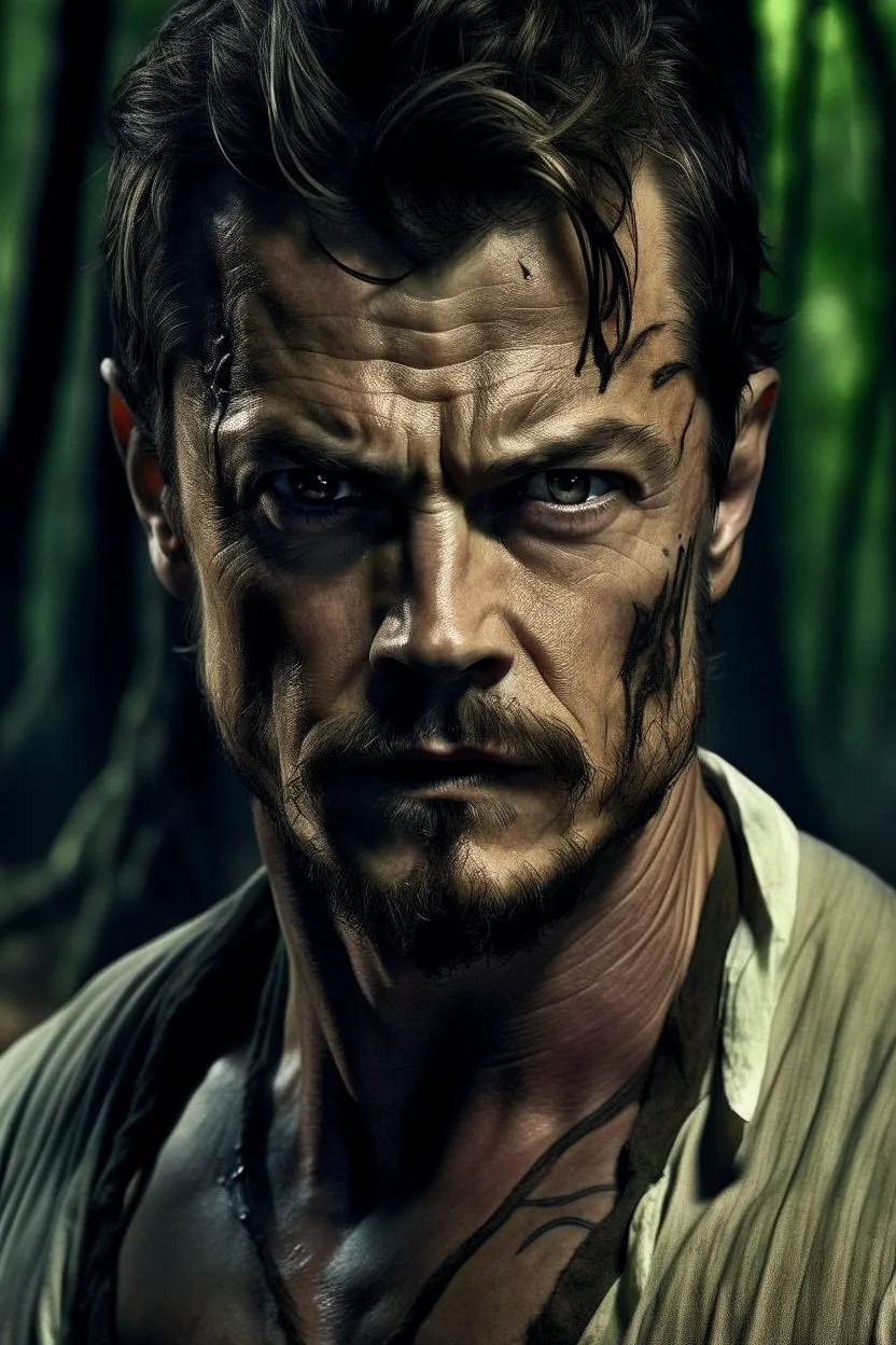 Portait Josh Duhamel as fantasy alpha werewolf in human form very muscular short cropped hair and rough beard, tribal tattoos wearing white button up shirt with rolled up sleeves realistic face, close-up, dark fantasy, fantasy forest, intricate details, hyper detailed, photograph