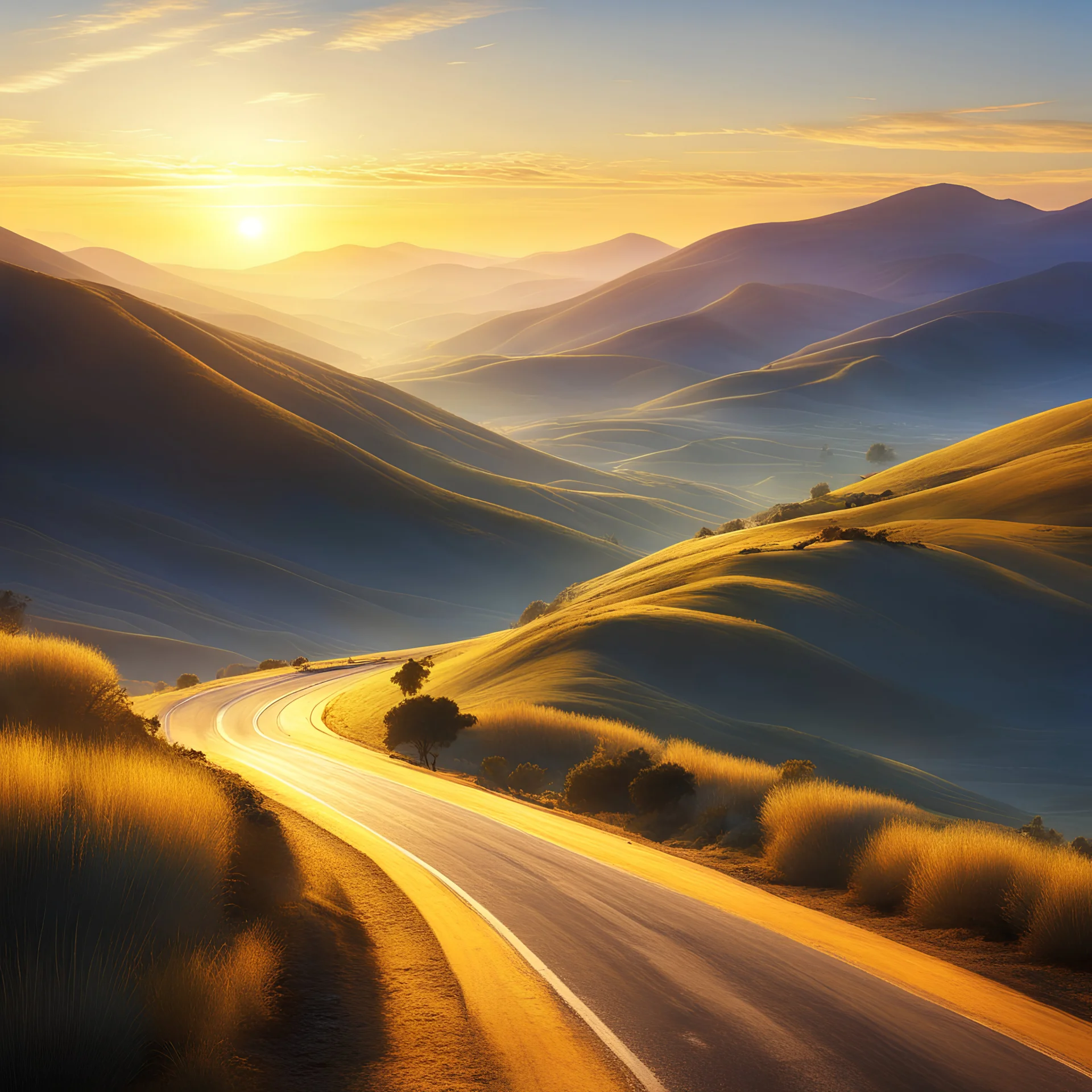 Sunrise bathes a winding road in golden hues, nestled among sloping hills, long shadows elongating the landscape, sky clear yet delicately veiled by morning haze over distant mountains, scene untouched by vehicles or footprints, epitomizing early morning solitude, ultra-clear, natural light, golden ratio, digital painting