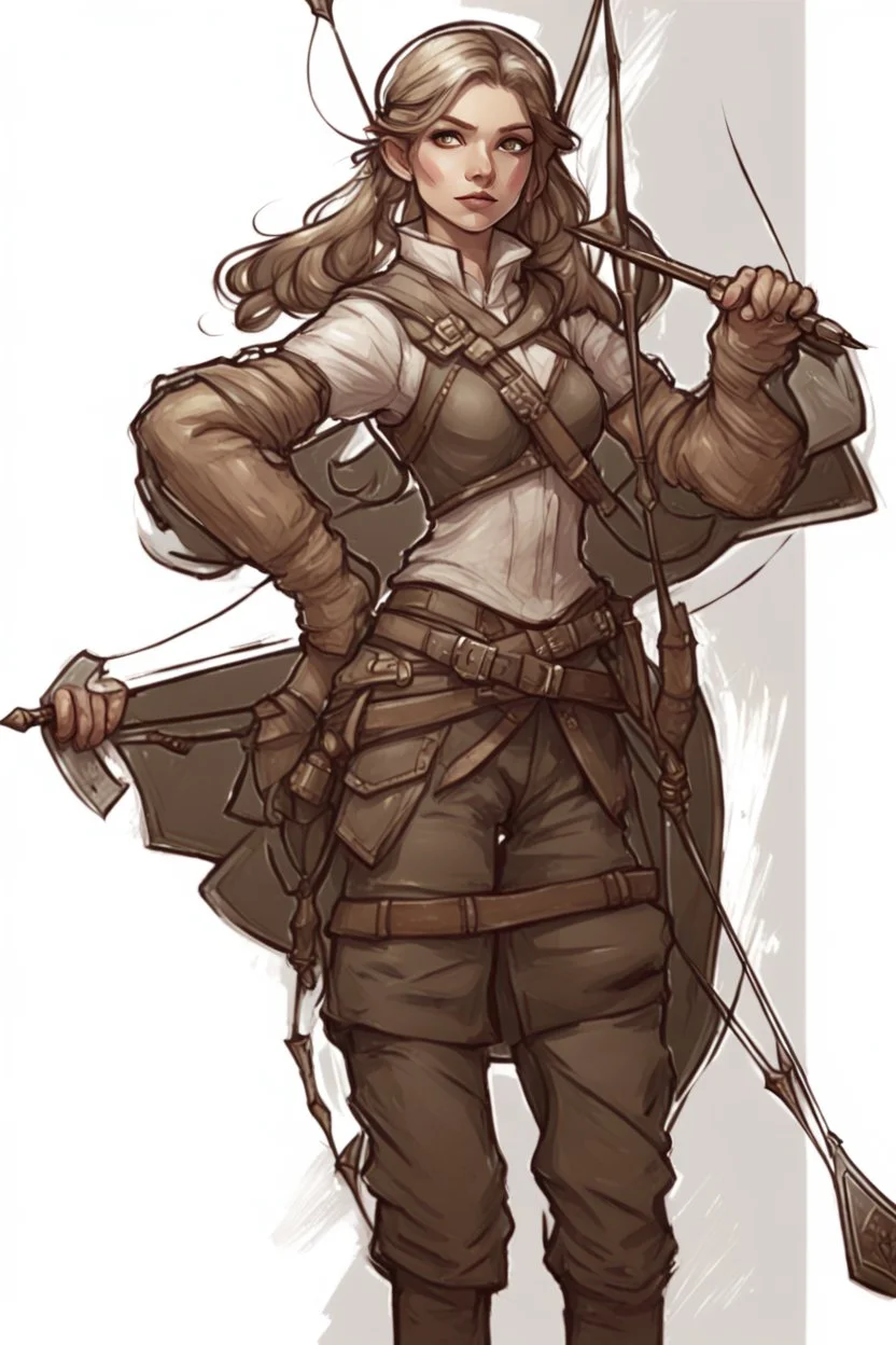 Girl Archer concept art, full body, sketch, coll style, bow