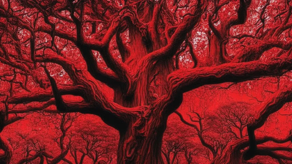 red tree, highly detailed, beautiful desktop wallpaper, comic style, many human faces on tree