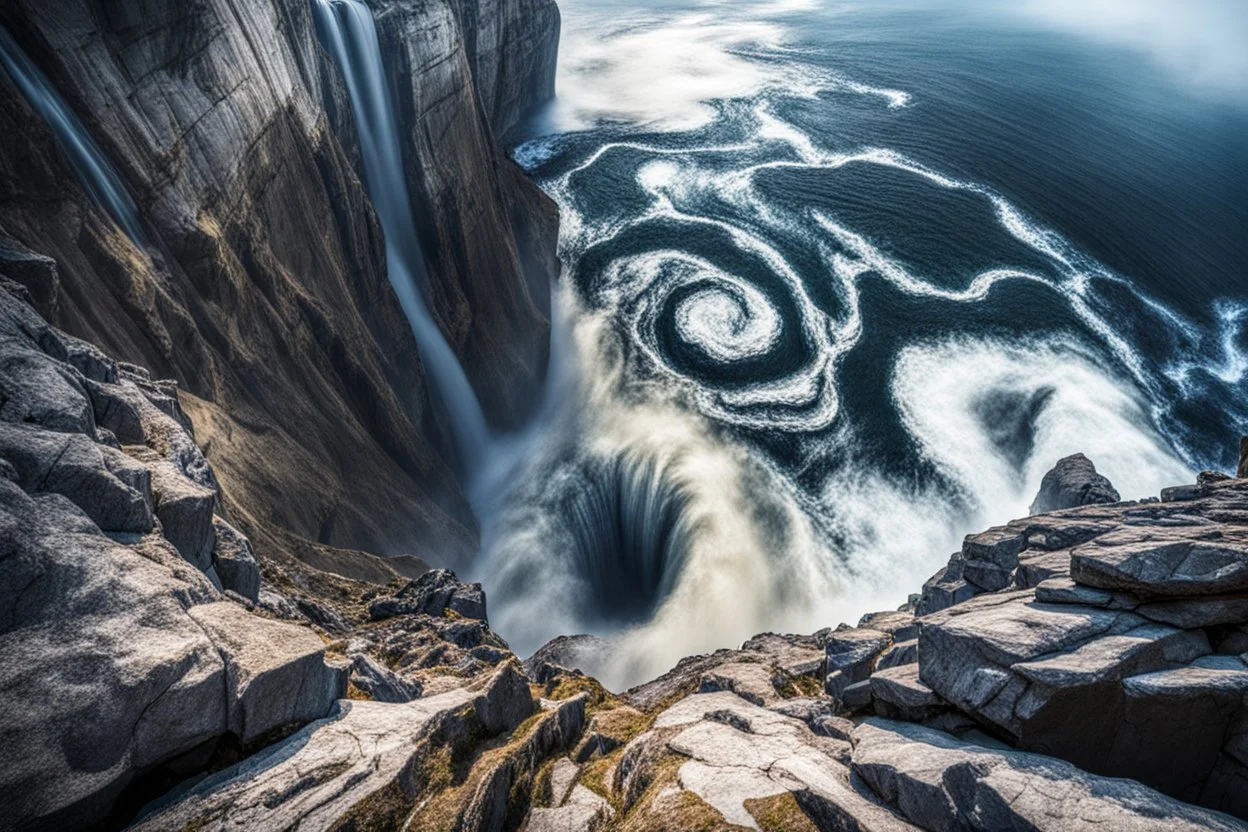 at the base of the rocky mountain peninsula, a great whirlpool waterfalls into deeper unknown depths