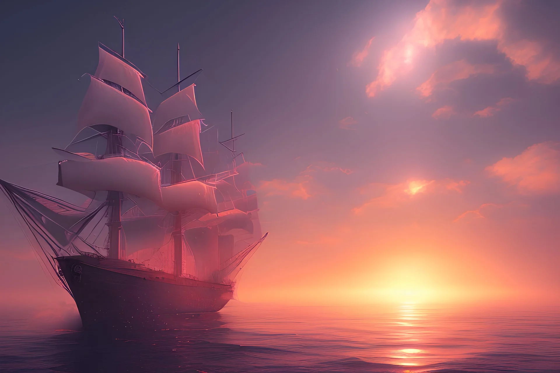 ship, , sunset, photorealistic, 8k