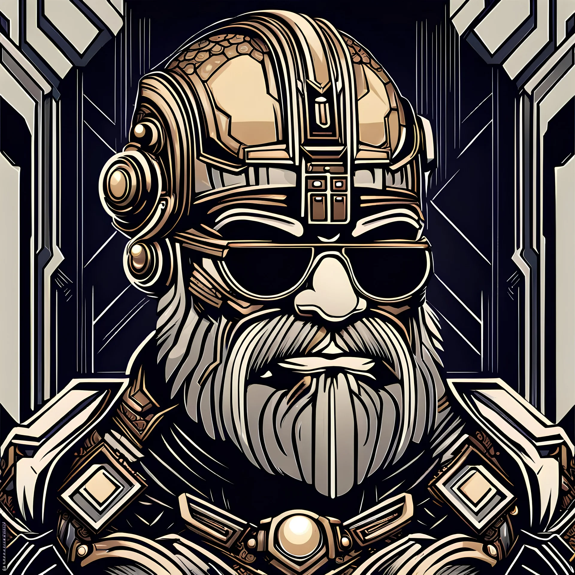 fantasy cyborg dwarf in a vector graphics style of art deco