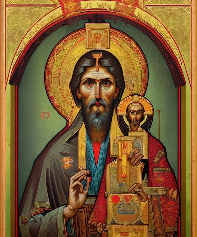 orthodox old icon with saint, patron of photographers. he is holding a camera in one hand and 35mm film in the other. Cyrillic inscriptions are the names of photographic brands. hyperdetailed, Alphonse Mucha, Zdzisław Beksiński, poster, illustration, ink, oil on canvas, 18th century atlas