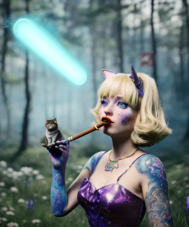 Ultra realistic wonderland photo, happy blonde woman smoking a pipe, blue dress, purple cat friend, circus dress style, old school tattoo, smoke, marijuana garden, glow eyes, perfect iris, soft color, highly detailed, unreal engine 5, cinematic, ultra detail, volumetric lighting, high definition.