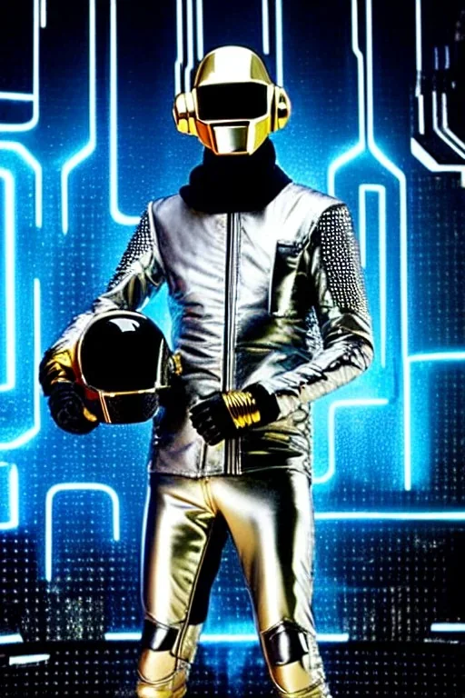 Metallic Cyber-punk man with camera-mask, old AKG-style headphones, golden rings. Fencing mask covers man's cheeks. Good body shape. Body and head full of integrated old-fashioned cameras. Ancient silver telephone attached to perfect body, trunk. 5th dimensional Escher tiling background. Daft Punk, Tron Movie. Matrix movie, black leather jacket, tippet. Black latex areas in black leather surfaces body. 1990's. Ancient AKG-microphone as mouth. strong disgust of closely packed holes. Men fashion.