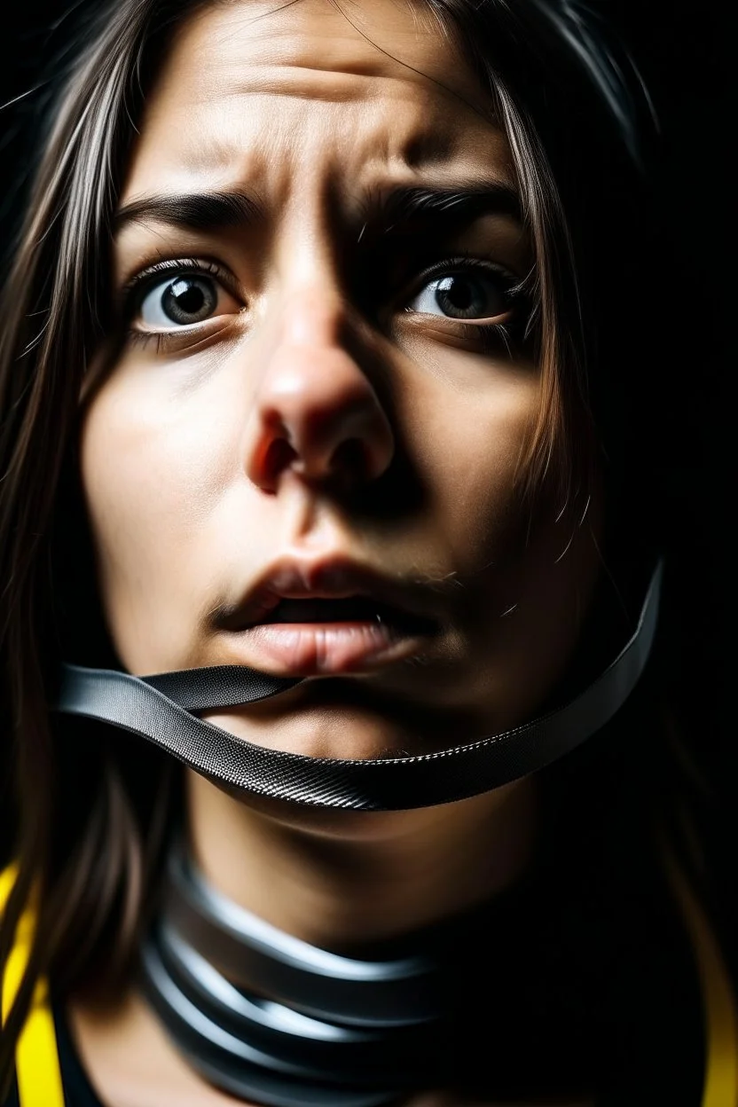 A girl gagged with duct tape seen from below