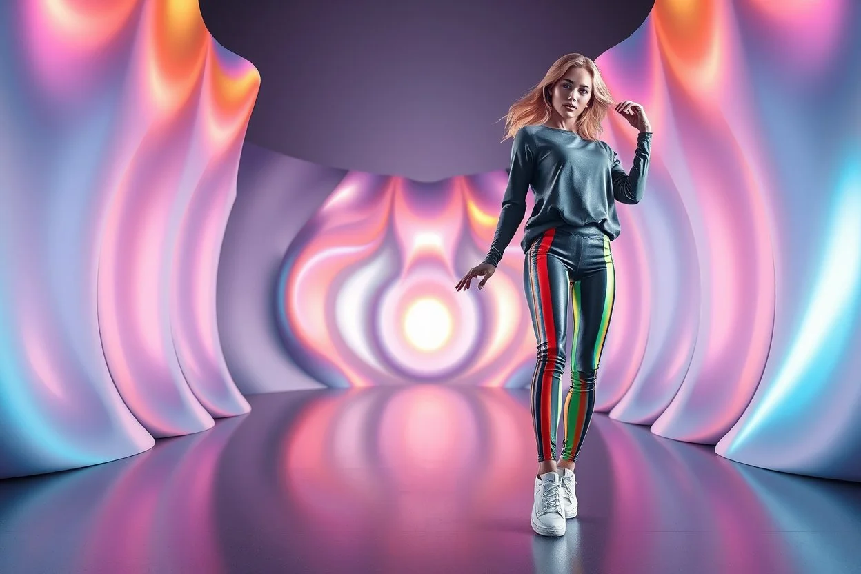 beautiful lady with todays modern clothing and sport shoes, in surreal stage made of 3d fractal random size recursive objects with helical strip colors in clothing similar to environment full body dancing to camera,animating background metallic random color and size recursive objects